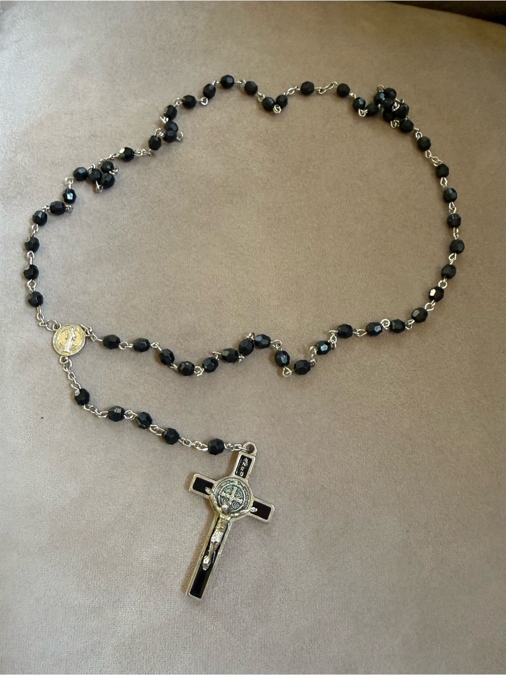 Black Bead Rosary Necklace with Crucifix